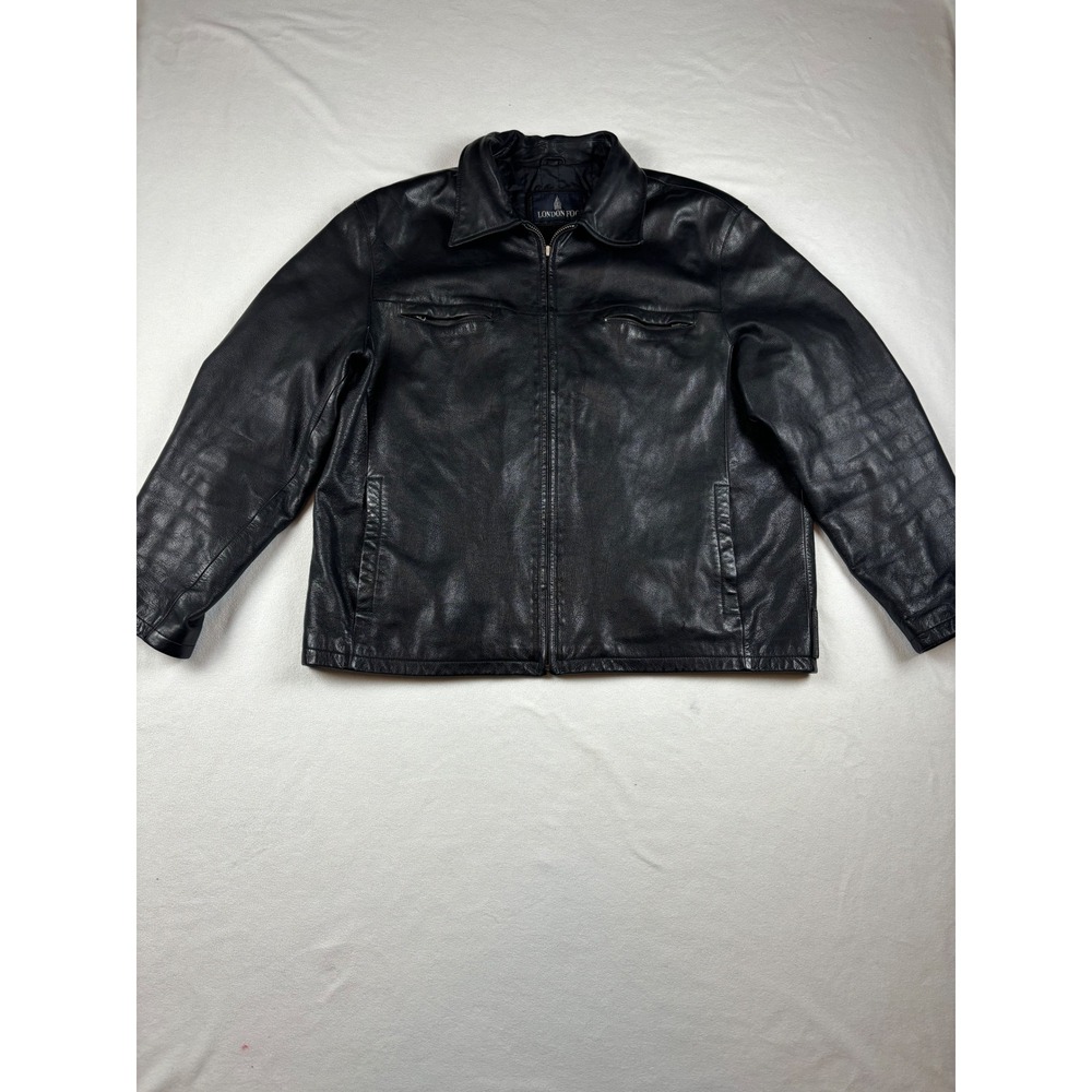 London Fog Mens XL Black Leather Jacket Full Zip‎ Quilted Lined Bomber Coat